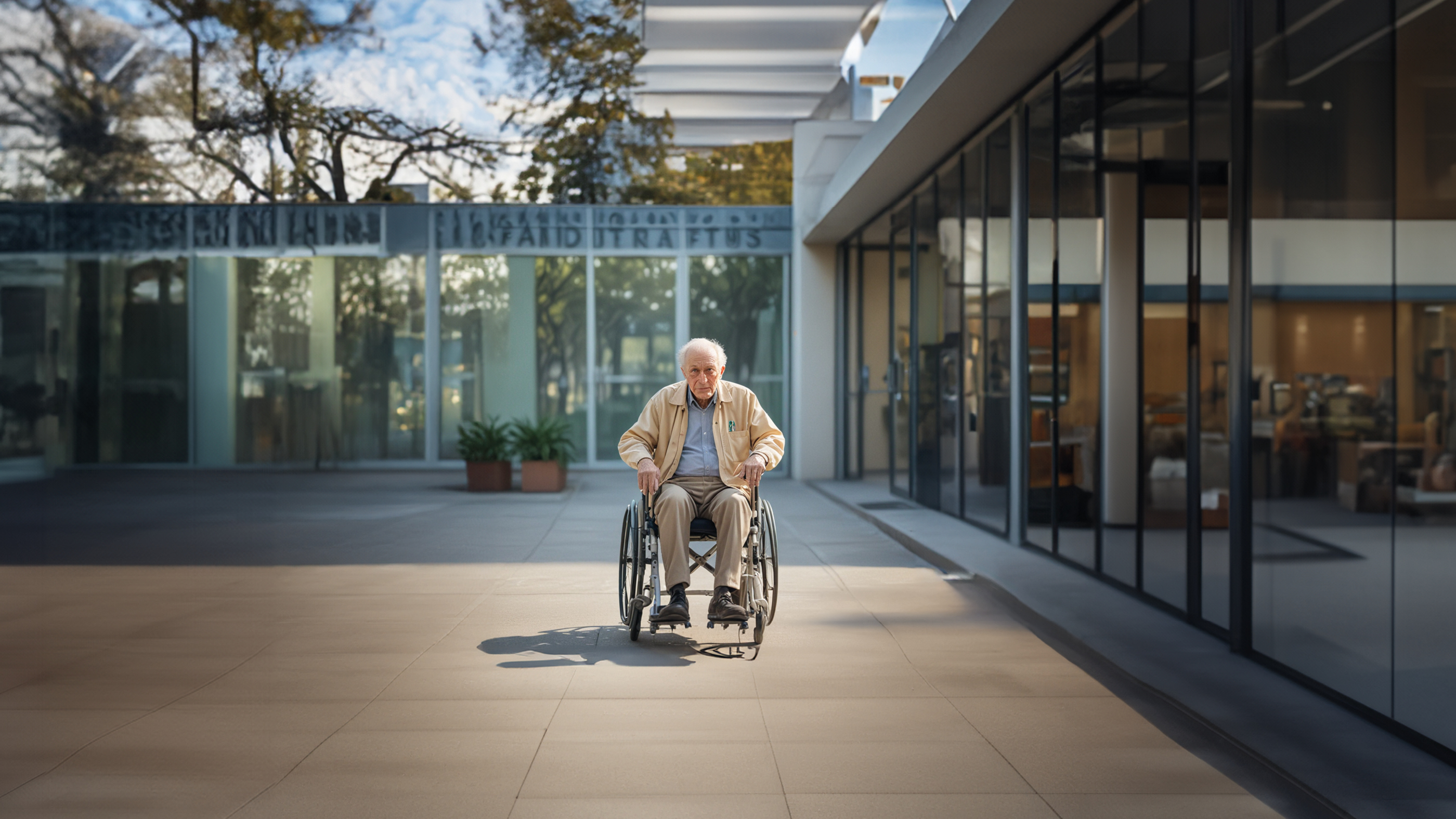Un homme âgé est assis dans un fauteuil roulant et se trouve devant un hôpital