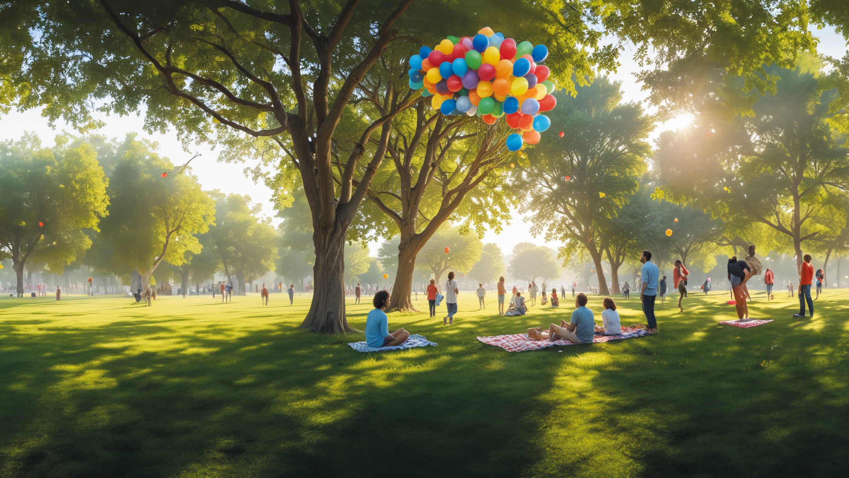 Molte persone siedono su coperte da picnic in un parco verde con grandi alberi e guardano i palloncini nel cielo.