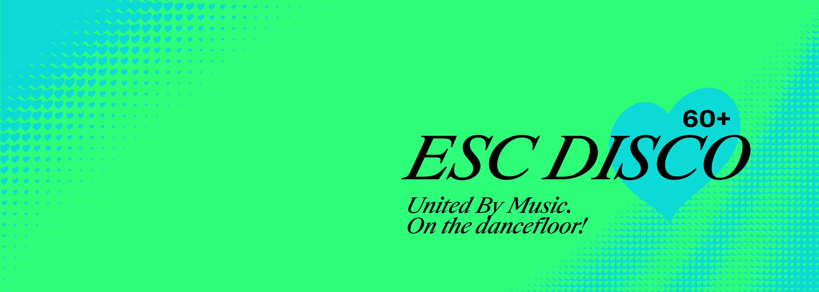 ESC Disco 60+ Keyvisual en vert fluo et bleu fluo