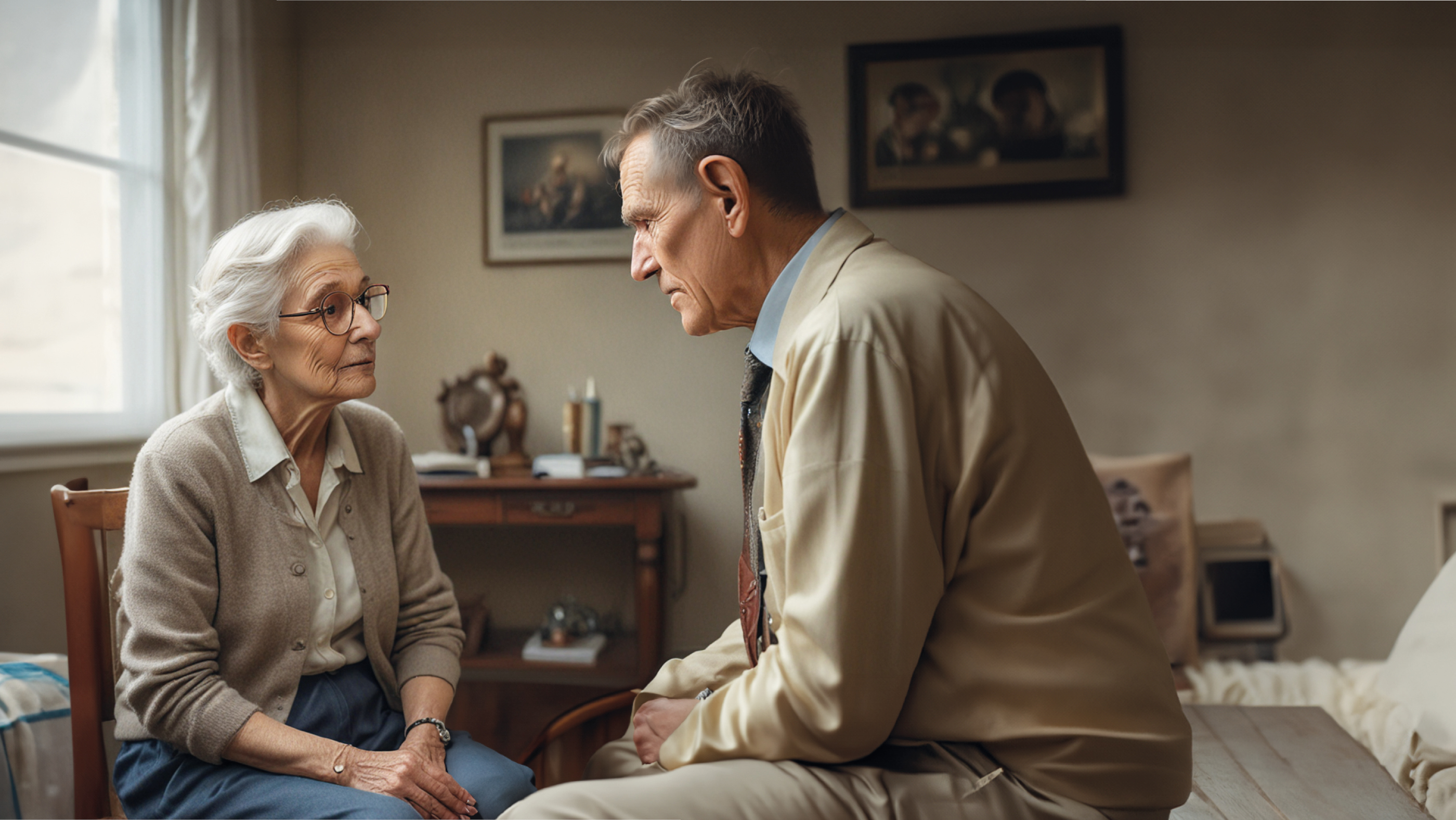 Un giovane uomo seduto su un letto parla con una donna anziana seduta su una sedia.