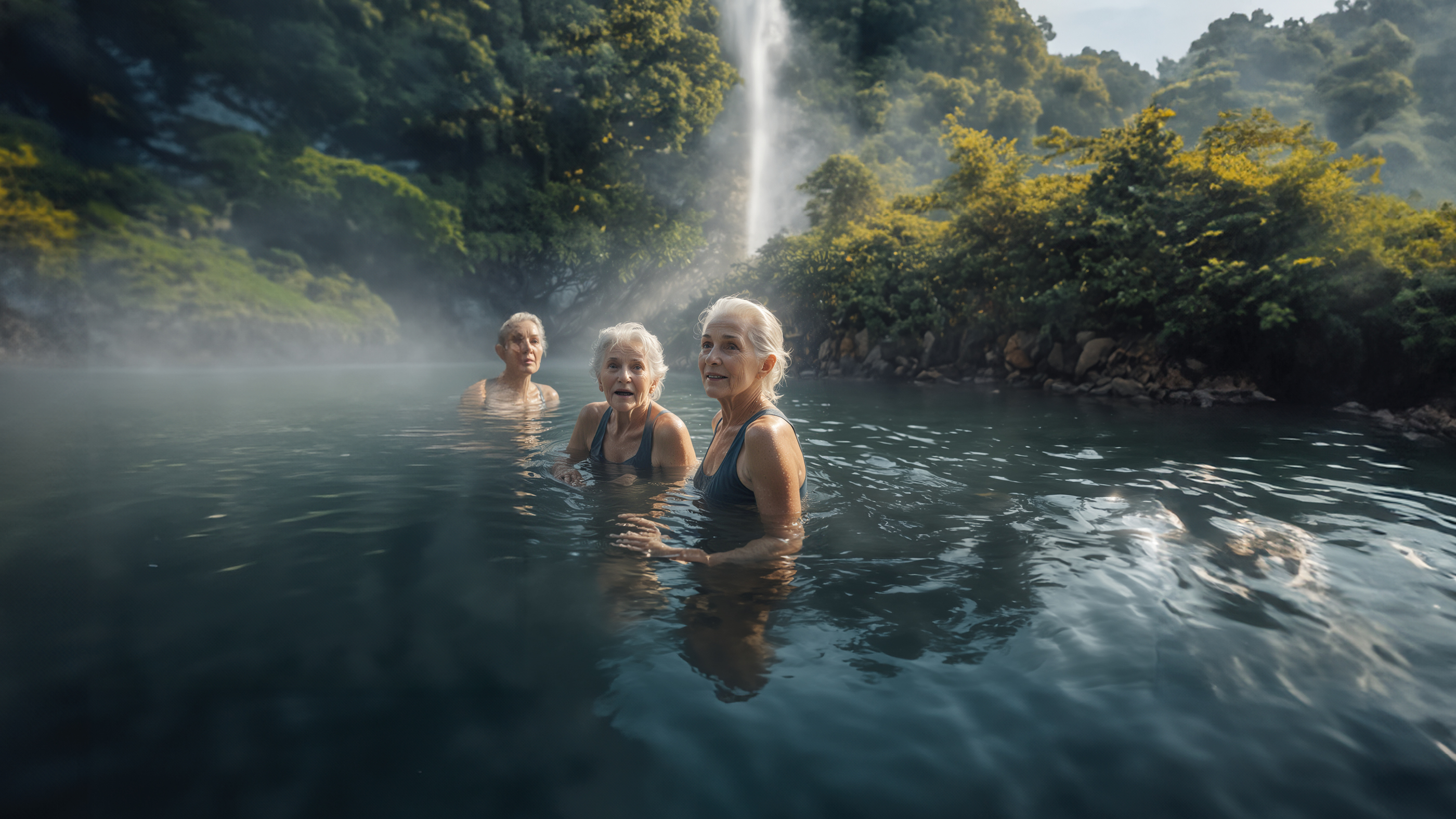 Trois femmes âgées se baignent dans un lac alors qu'une chute d'eau se produit derrière elles.